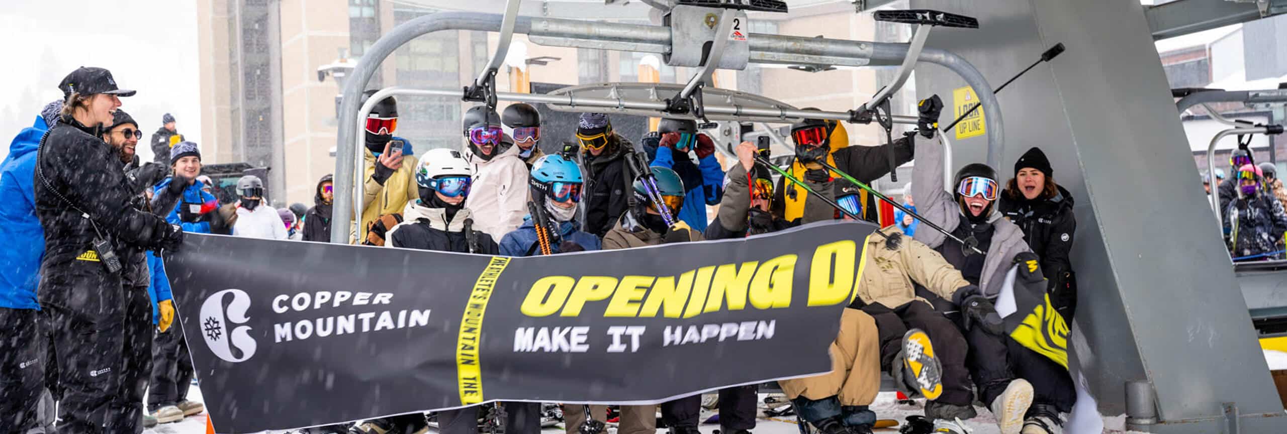 Skiers lined up for first chair on opening day at a Colorado ski resort